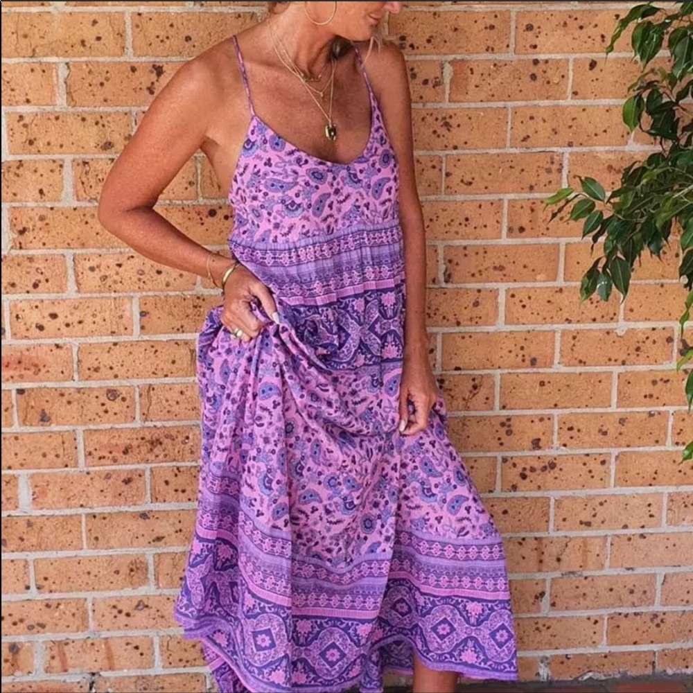 Boho floral print strappy maxi dress